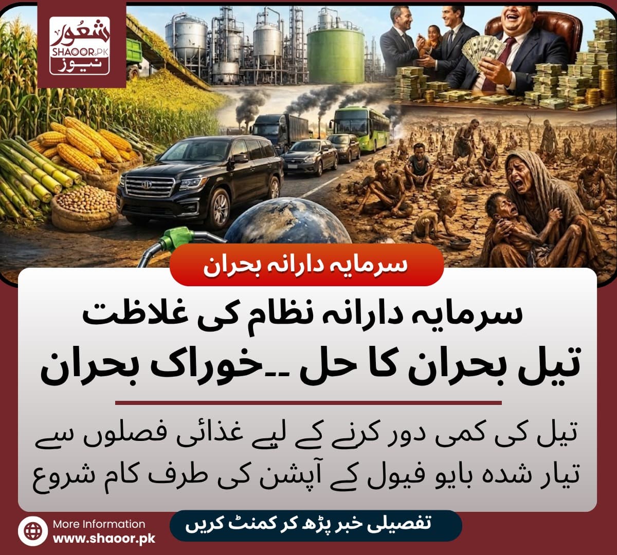 سرمایہ دارانہ نظام :توانائی بحران کے حل کے لیے خوراک بحران لائے گا۔ تیل کی کمی دور کرنے کے لیے غذائی فصلوں سے تیار شدہ بایو فیول کے آپشن کی طرف کام شروع۔ تیل کے بحران کا نیا حل یا بھوک کا نیا طوفان؟ خوراک کو ایندھن میں بدلنے کے بھیانک نتائج سے دنیا بے خبر۔